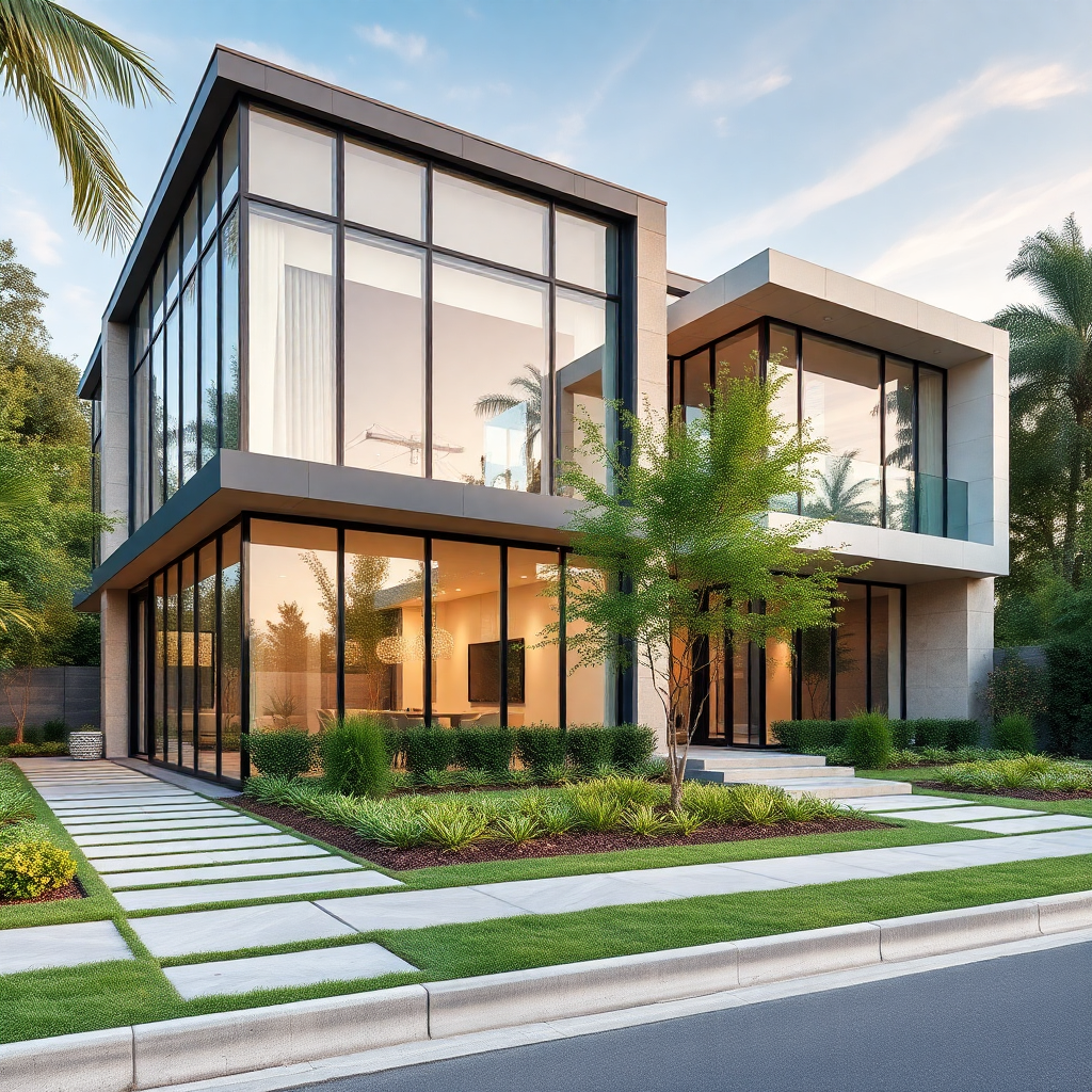 modern luxury residential building exterior with glass facade and landscaping, architectural photography