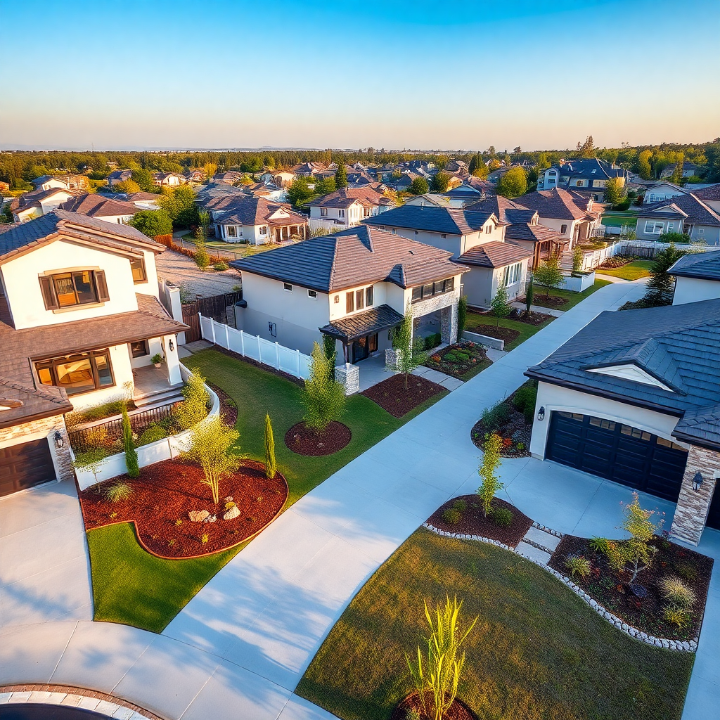 luxury residential neighborhood with modern homes and landscaping, high-end real estate photography