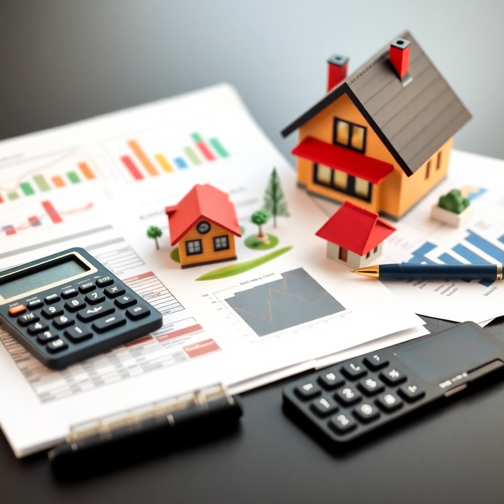 residential property investment portfolio analysis with calculator and documents, real estate business photography