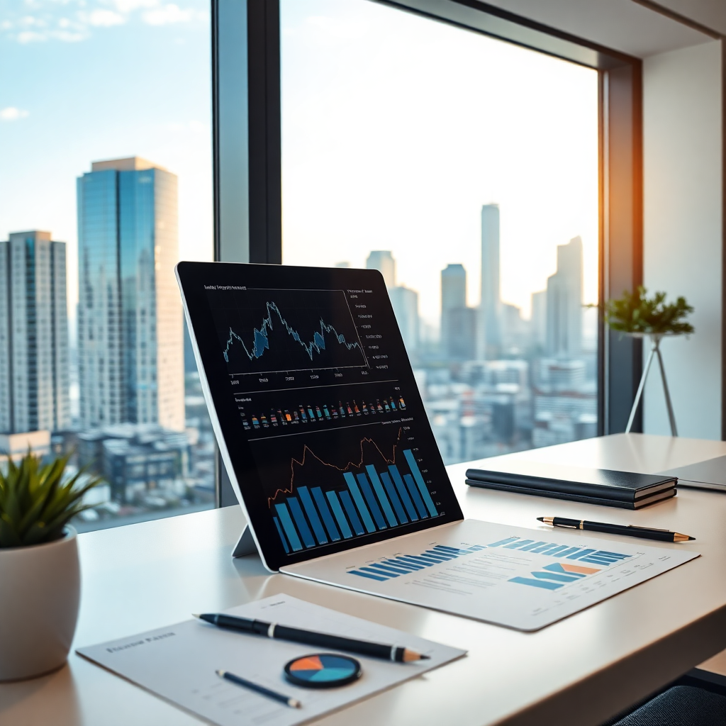 luxury real estate market analysis charts and graphs on modern office desk with city skyline, professional business photography