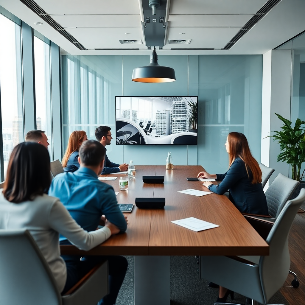 professional real estate team meeting in modern office boardroom, business strategy discussion