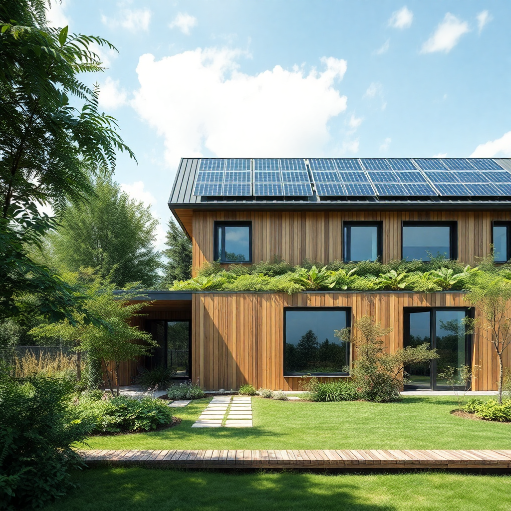 sustainable green building with solar panels and eco-friendly design, environmental architecture photography