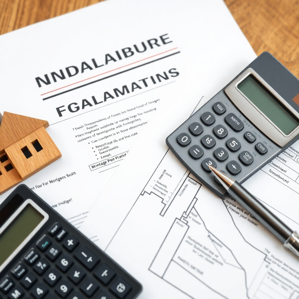 real estate financing documents with mortgage papers and calculator, financial planning photography