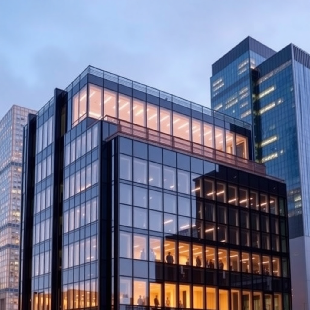 modern commercial office building with glass facade and urban skyline, commercial real estate photography
